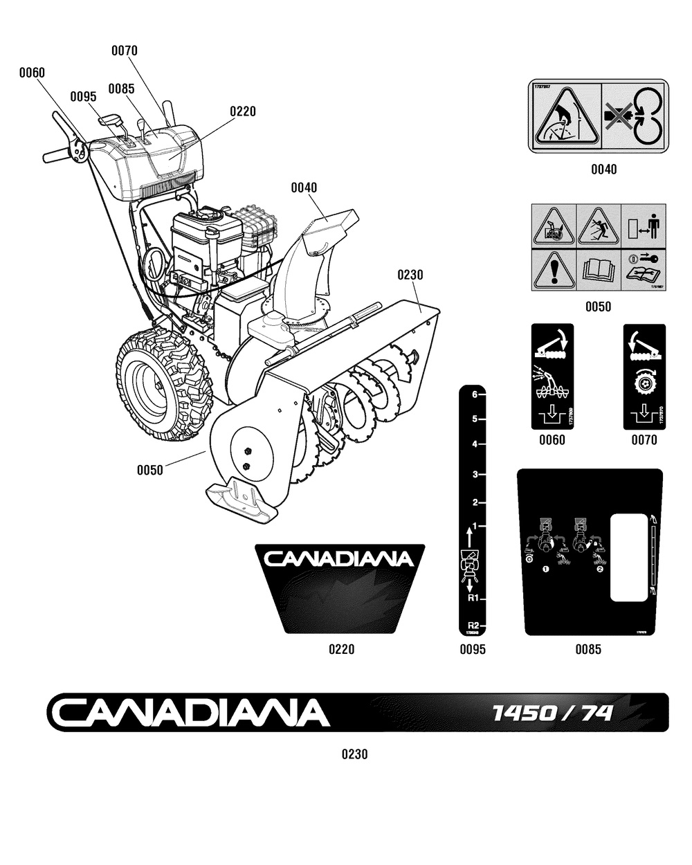 Decals Group Diagram and Parts List for 1696054-CM741450S 2011 Briggs and Stratton Snow Blower